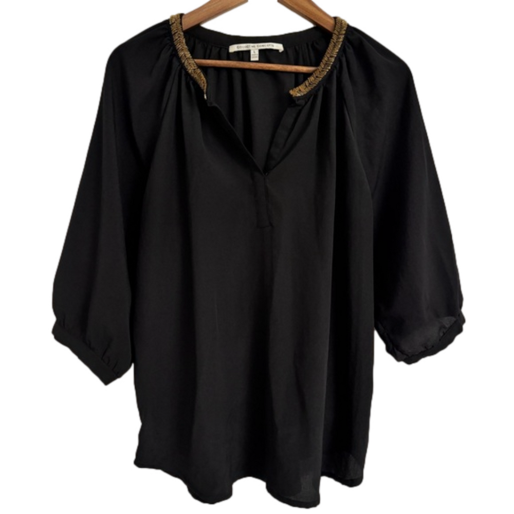 Creative Concepts Large Black Blouse w/ Gold Beaded Neckline and 3/4 Sleeves